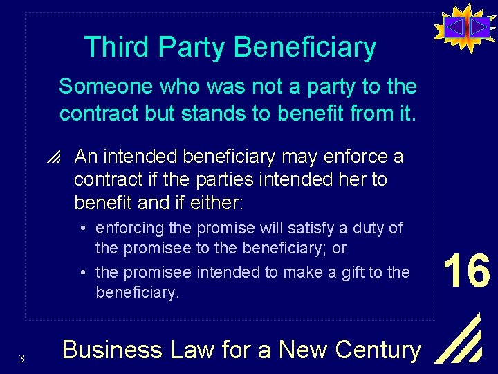 Third Party Beneficiary Someone who was not a party to the contract but stands