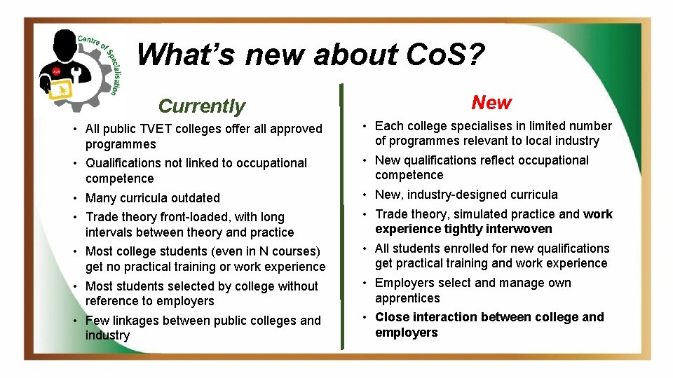 What’s new about Co. S? Currently New • All public TVET colleges offer all