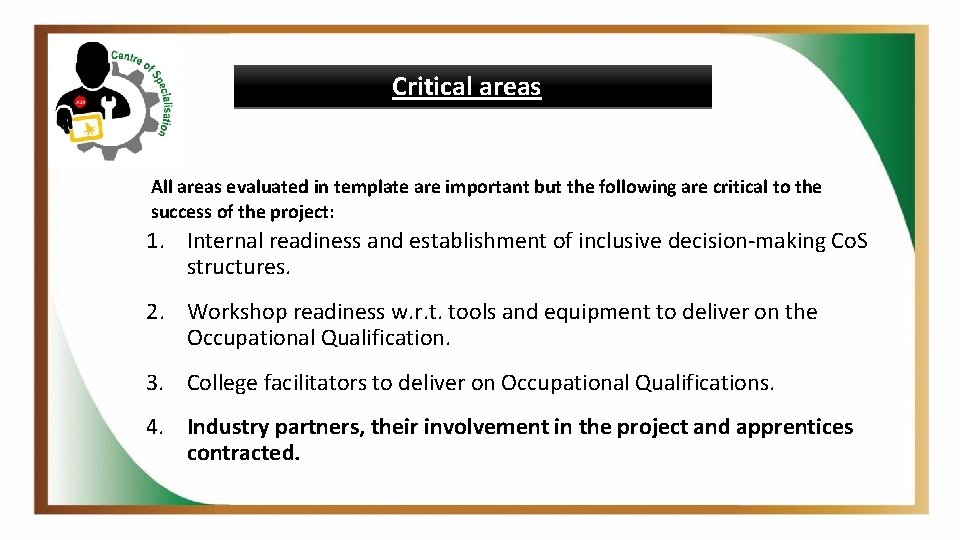 Critical areas All areas evaluated in template are important but the following are critical