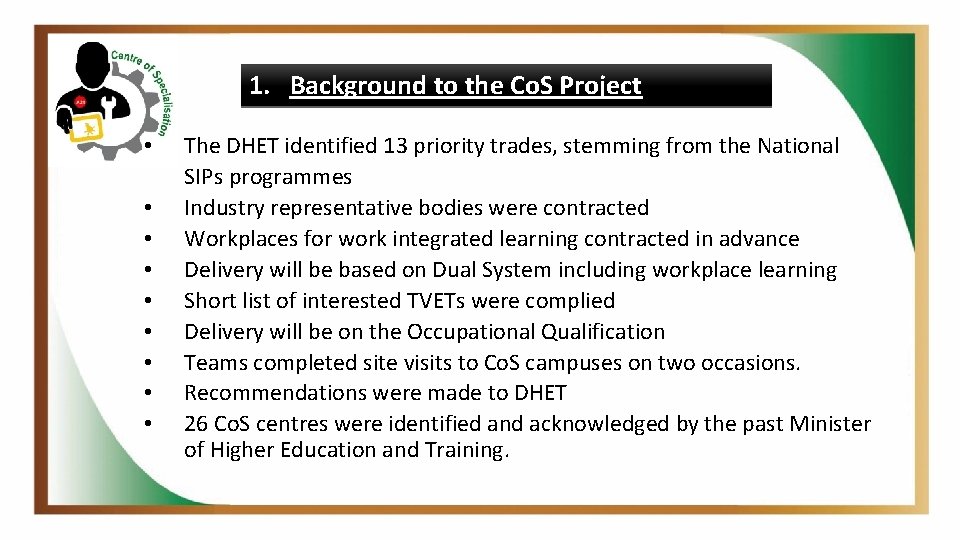 1. Background to the Co. S Project • • • The DHET identified 13
