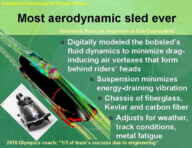 Examples of Engineering for Olympic Athletes Most aerodynamic sled ever Inventors: Race car engineers