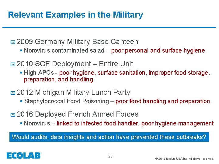 Relevant Examples in the Military y 2009 Germany Military Base Canteen § Norovirus contaminated