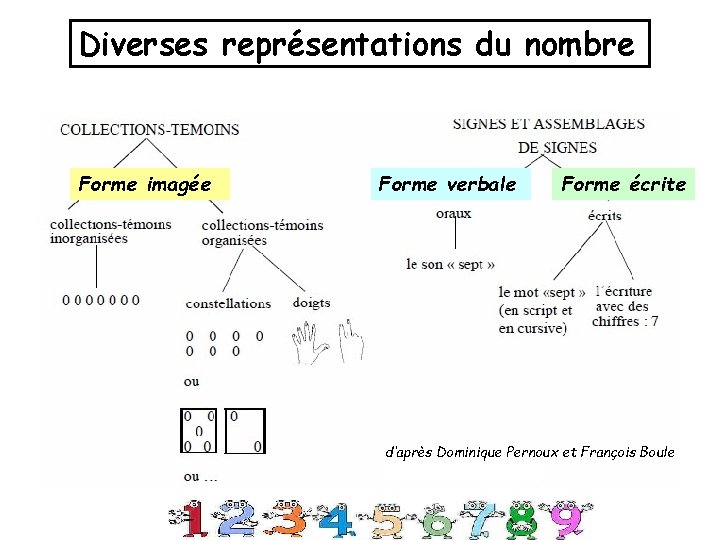 Diverses représentations du nombre Forme imagée Forme verbale Forme écrite d’après Dominique Pernoux et