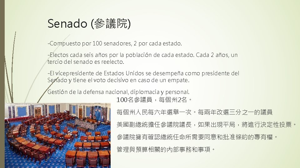 Senado (參議院) -Compuesto por 100 senadores, 2 por cada estado. -Electos cada seis años