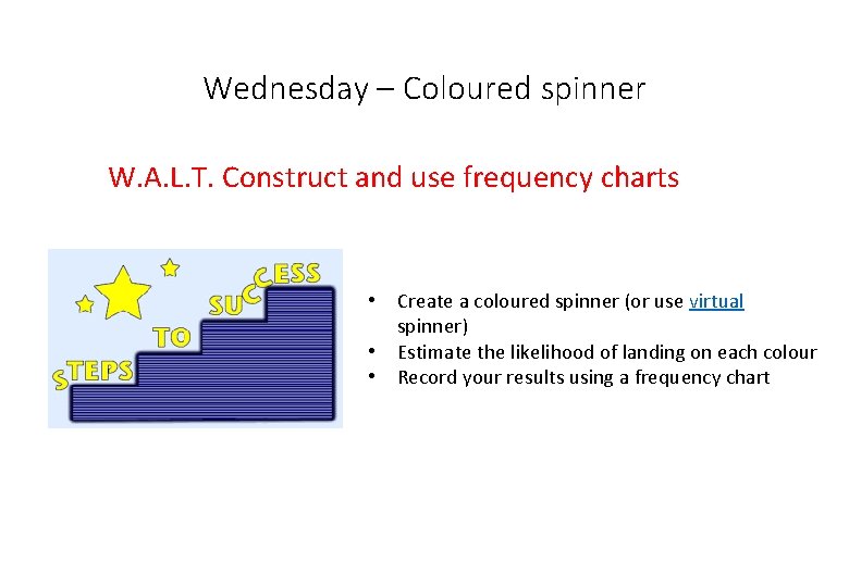 Wednesday – Coloured spinner W. A. L. T. Construct and use frequency charts •