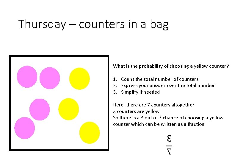 Thursday – counters in a bag What is the probability of choosing a yellow