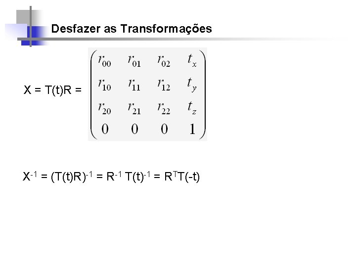 Desfazer as Transformações X = T(t)R = X-1 = (T(t)R)-1 = R-1 T(t)-1 =