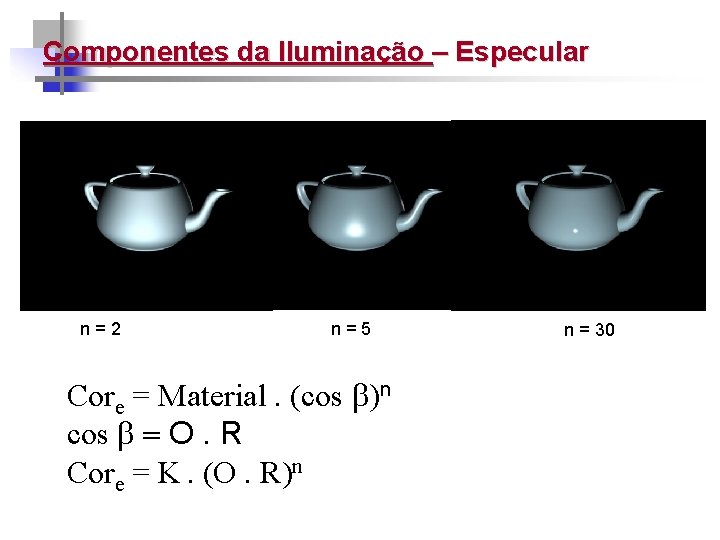 Componentes da Iluminação – Especular n=2 n=5 Core = Material. (cos n cos O.