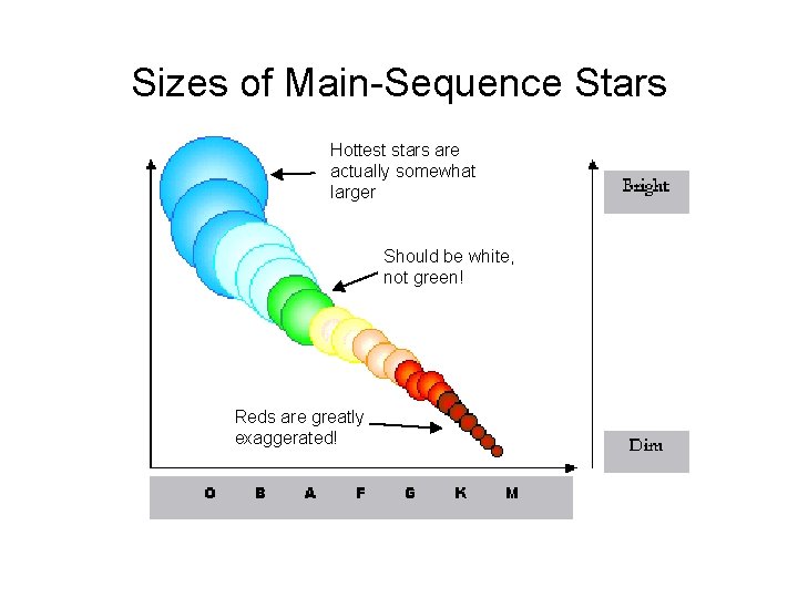 Sizes of Main-Sequence Stars Hottest stars are actually somewhat larger Should be white, not