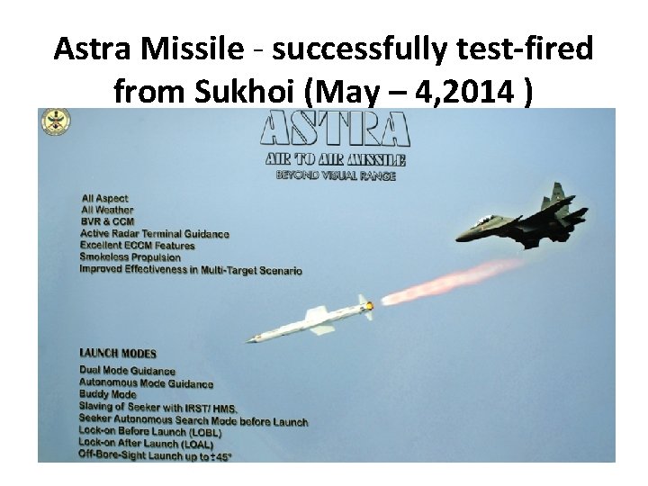 Astra Missile - successfully test-fired from Sukhoi (May – 4, 2014 ) Astra Missile - successfully test-fired from Sukhoi (May – 4, 2014 )