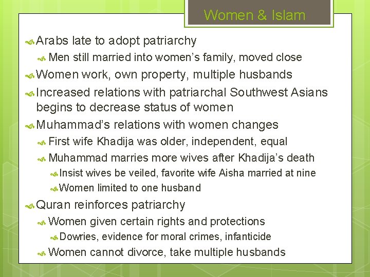 Women & Islam Arabs Men late to adopt patriarchy still married into women’s family,