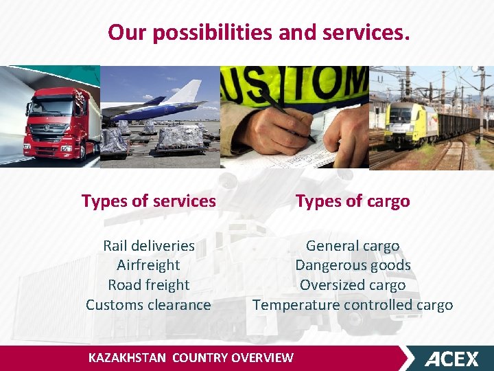 Our possibilities and services. Types of services Types of cargo Rail deliveries Airfreight Road