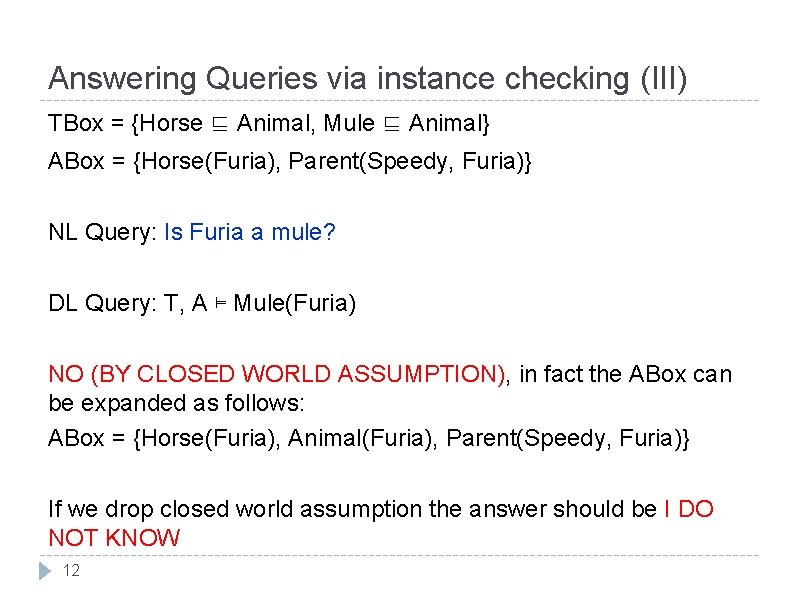 Answering Queries via instance checking (III) TBox = {Horse ⊑ Animal, Mule ⊑ Animal}