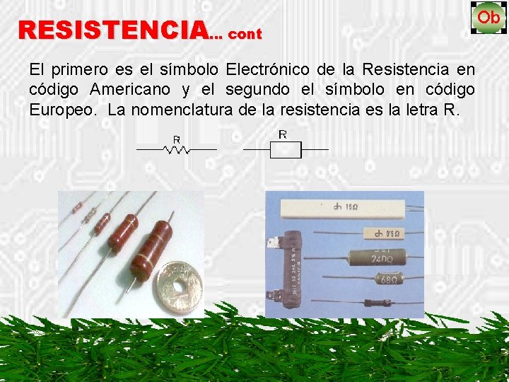 RESISTENCIA… cont El primero es el símbolo Electrónico de la Resistencia en código Americano