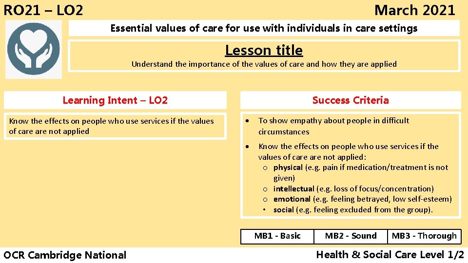 RO 21 – LO 2 March 2021 Essential values of care for use with