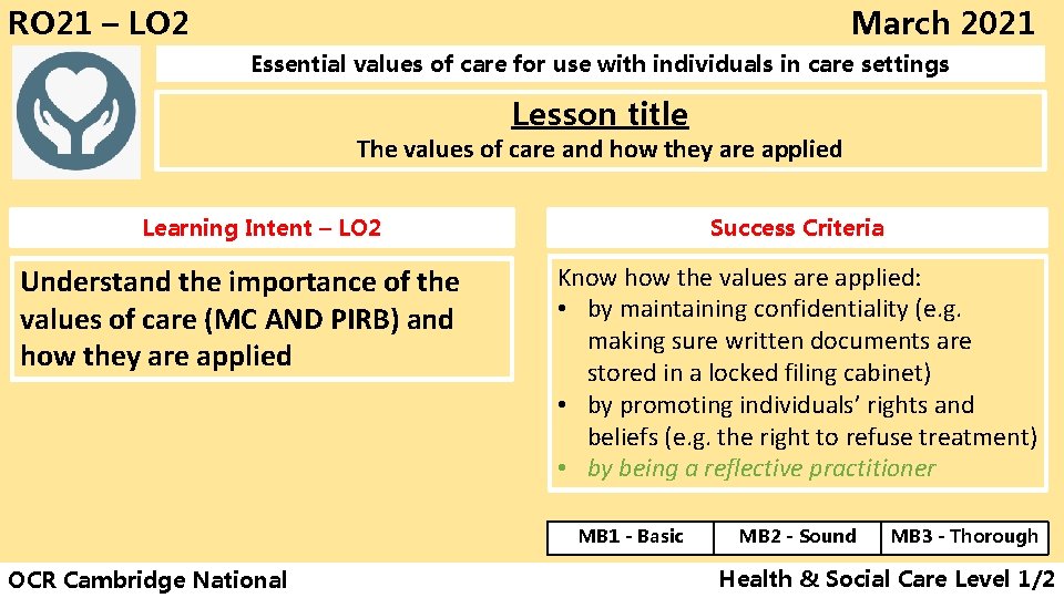 RO 21 – LO 2 March 2021 Essential values of care for use with