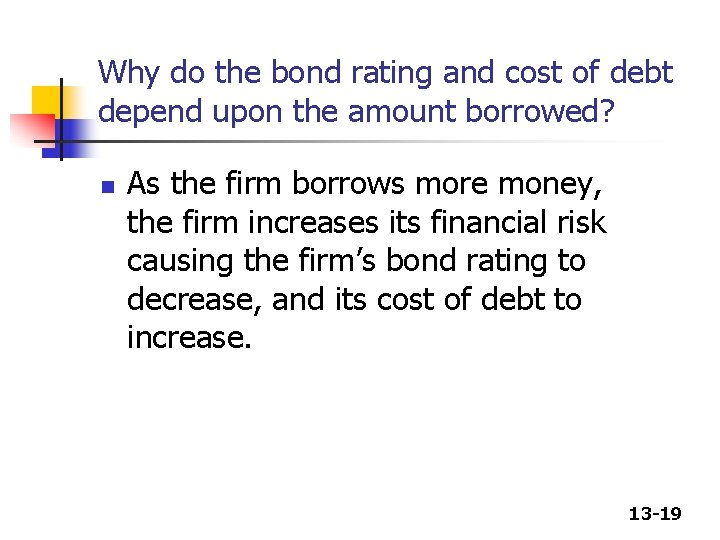 Why do the bond rating and cost of debt depend upon the amount borrowed?
