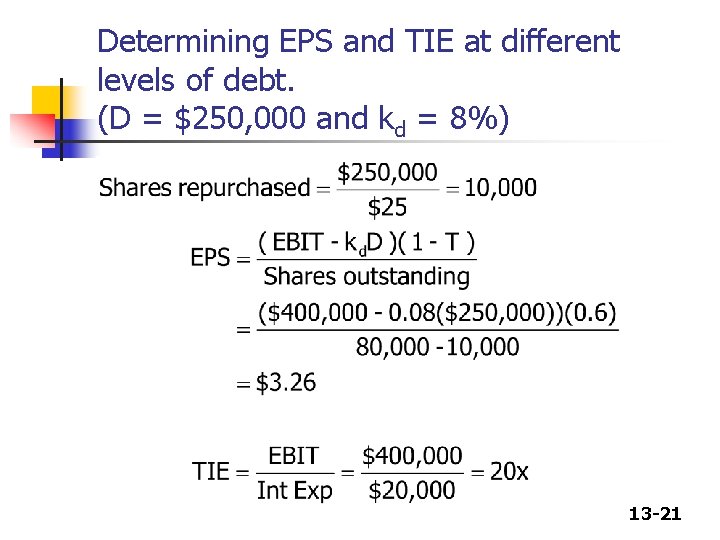 Determining EPS and TIE at different levels of debt. (D = $250, 000 and