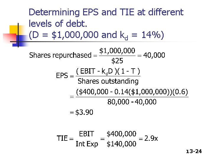 Determining EPS and TIE at different levels of debt. (D = $1, 000 and