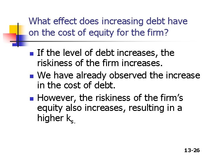 What effect does increasing debt have on the cost of equity for the firm?