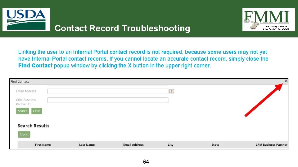 Contact Record Troubleshooting Transforming Financials at the People’s Department Linking the user to an