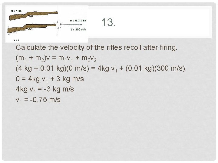 13. Calculate the velocity of the rifles recoil after firing. (m 1 + m