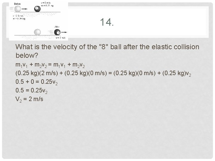 14. What is the velocity of the "8" ball after the elastic collision below?