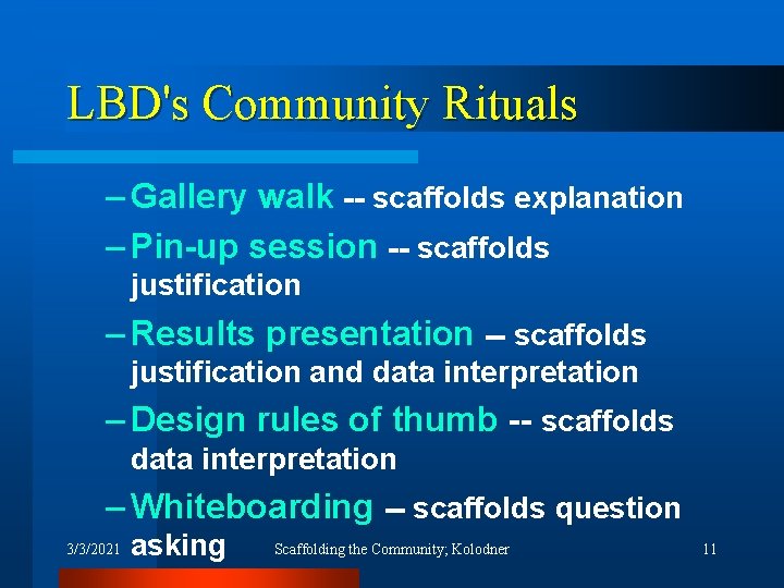 LBD's Community Rituals – Gallery walk -- scaffolds explanation – Pin-up session -- scaffolds