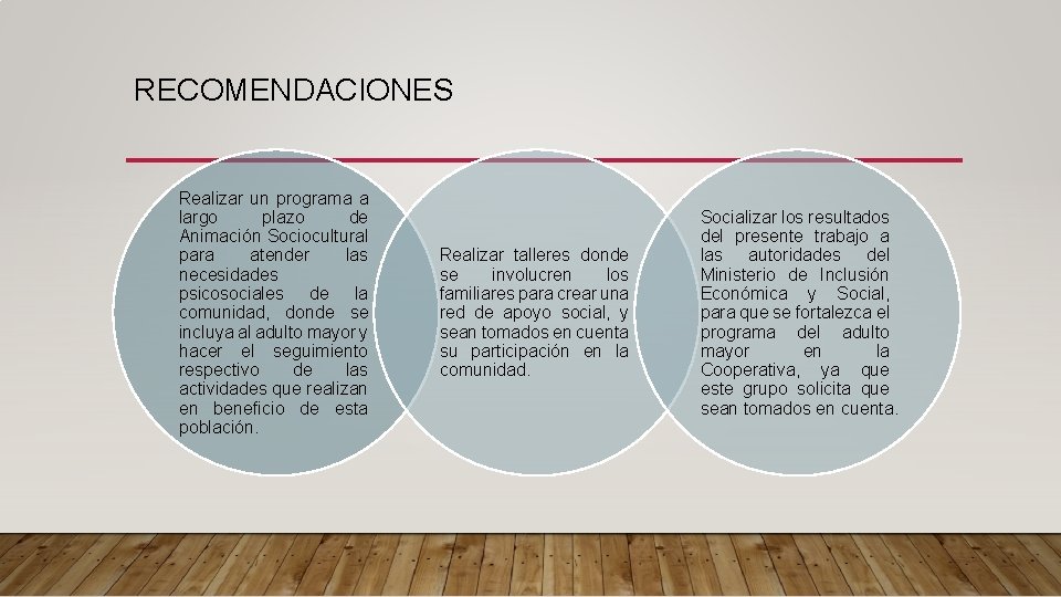 RECOMENDACIONES Realizar un programa a largo plazo de Animación Sociocultural para atender las necesidades RECOMENDACIONES Realizar un programa a largo plazo de Animación Sociocultural para atender las necesidades