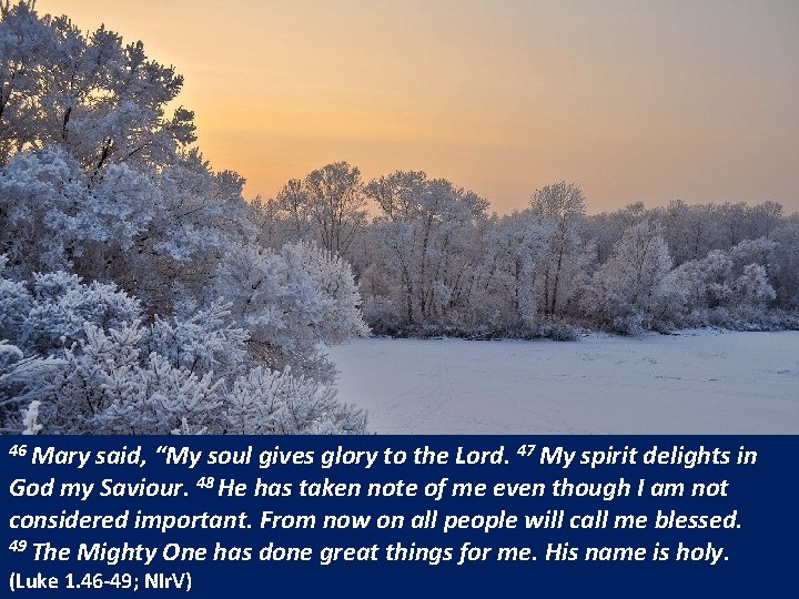 46 Mary said, “My soul gives glory to the Lord. 47 My spirit delights