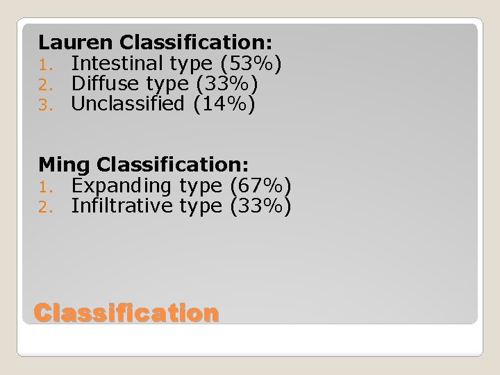 Lauren Classification: 1. Intestinal type (53%) 2. Diffuse type (33%) 3. Unclassified (14%) Ming