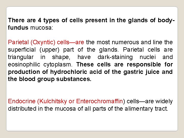 There are 4 types of cells present in the glands of bodyfundus mucosa: Parietal