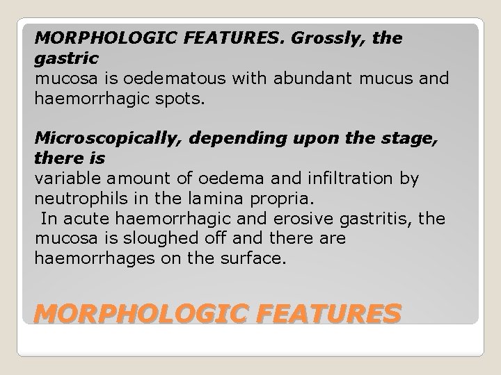 MORPHOLOGIC FEATURES. Grossly, the gastric mucosa is oedematous with abundant mucus and haemorrhagic spots.