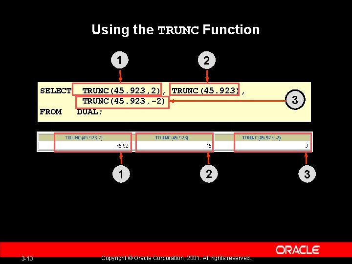 Using the TRUNC Function 1 SELECT FROM TRUNC(45. 923, 2), TRUNC(45. 923, -2) DUAL;