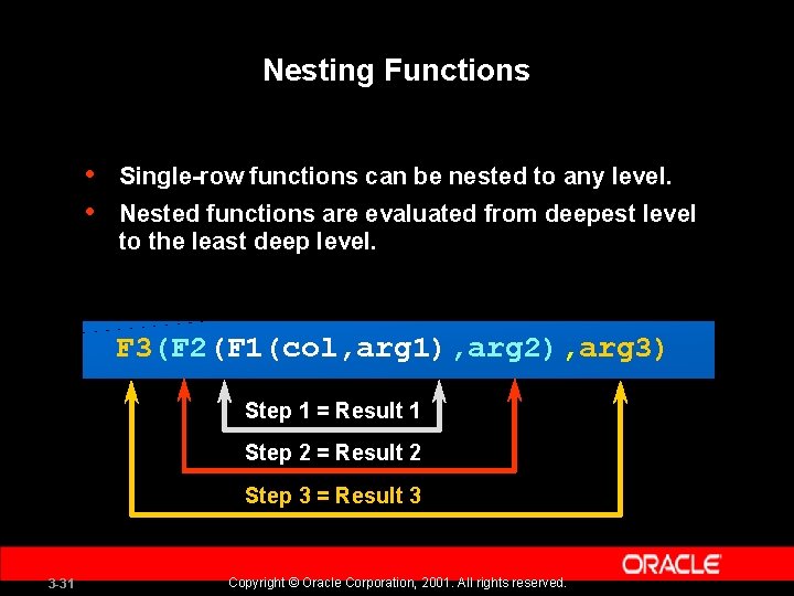 Nesting Functions • • Single-row functions can be nested to any level. Nested functions