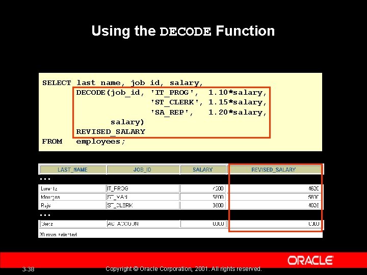 Using the DECODE Function SELECT last_name, job_id, salary, DECODE(job_id, 'IT_PROG', 1. 10*salary, 'ST_CLERK', 1.