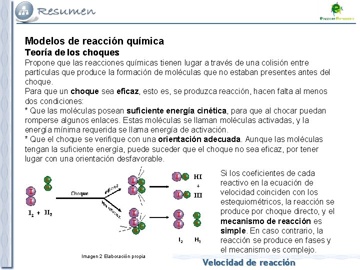 Modelos de reacción química Teoría de los choques Propone que las reacciones químicas tienen