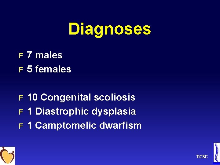 Diagnoses F F F 7 males 5 females 10 Congenital scoliosis 1 Diastrophic dysplasia
