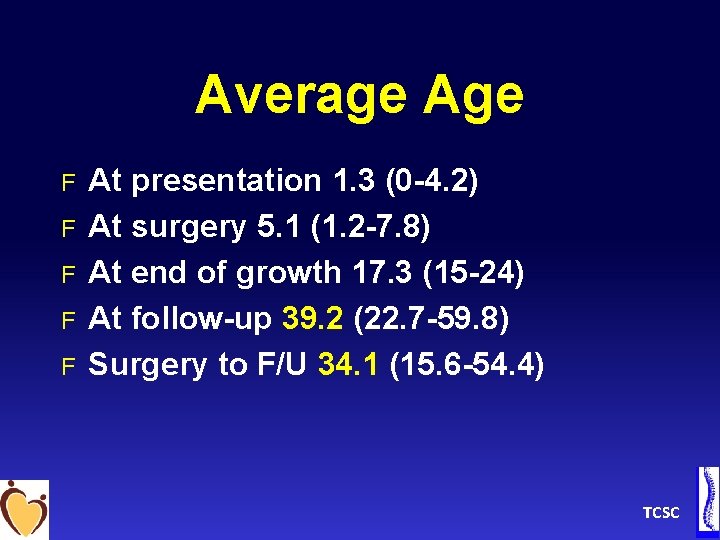 Average Age F F F At presentation 1. 3 (0 -4. 2) At surgery