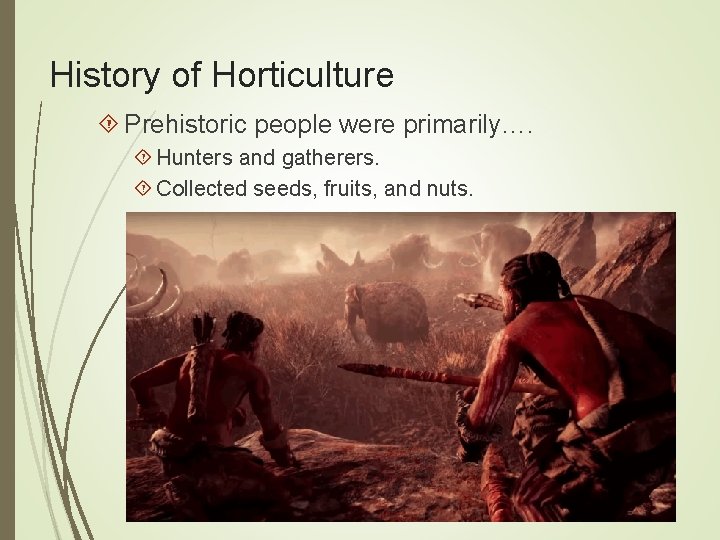 History of Horticulture Prehistoric people were primarily…. Hunters and gatherers. Collected seeds, fruits, and History of Horticulture Prehistoric people were primarily…. Hunters and gatherers. Collected seeds, fruits, and