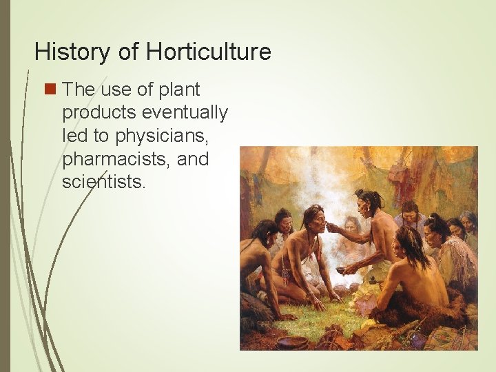 History of Horticulture n The use of plant products eventually led to physicians, pharmacists,