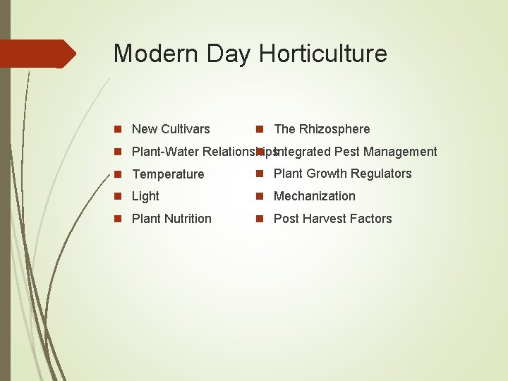 Modern Day Horticulture n New Cultivars n The Rhizosphere n Integrated Pest Management n