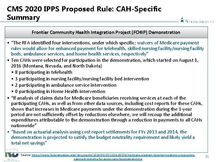 CMS 2020 IPPS Proposed Rule: CAH-Specific Summary Frontier Community Health Integration Project (FCHIP) Demonstration