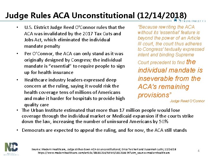 Judge Rules ACA Unconstitutional (12/14/2018) "Because rewriting the ACA U. S. District Judge Reed