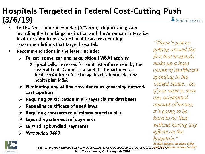 Hospitals Targeted in Federal Cost-Cutting Push (3/6/19) • • Led by Sen. Lamar Alexander