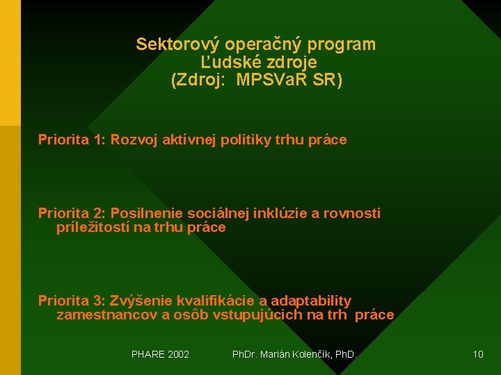 Sektorový operačný program Ľudské zdroje (Zdroj: MPSVa. R SR) Priorita 1: Rozvoj aktívnej politiky
