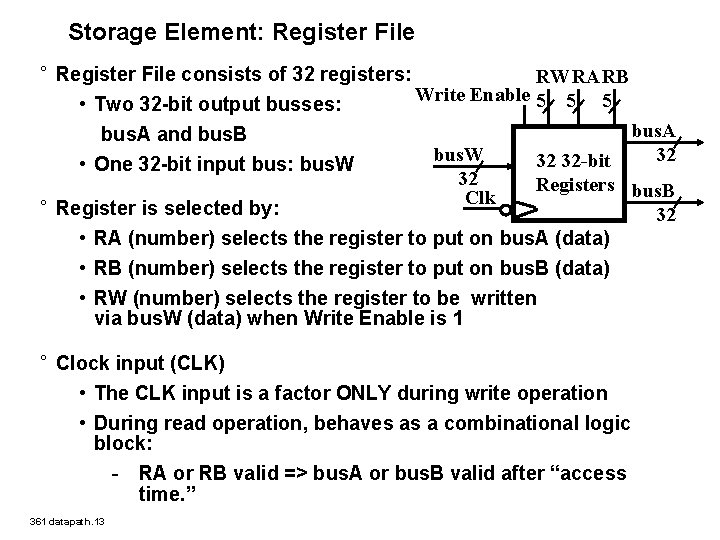 Storage Element: Register File ° Register File consists of 32 registers: RWRARB Write Enable