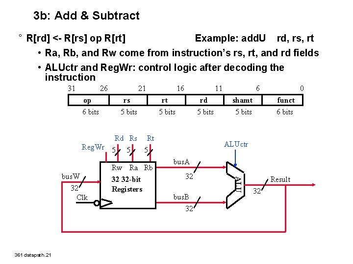 3 b: Add & Subtract ° R[rd] <- R[rs] op R[rt] Example: add. U