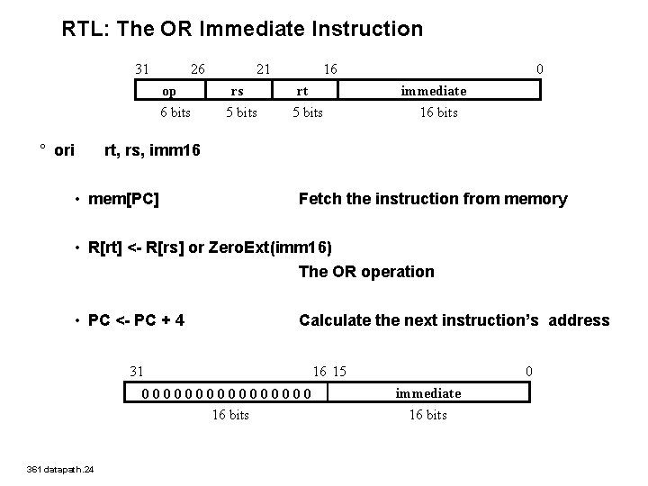 RTL: The OR Immediate Instruction 31 26 op 6 bits ° ori 21 rs