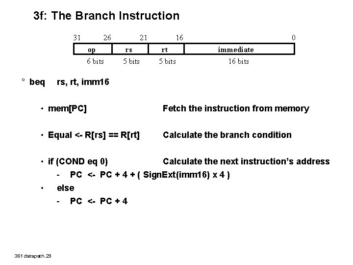 3 f: The Branch Instruction 31 26 op 6 bits ° beq 21 rs